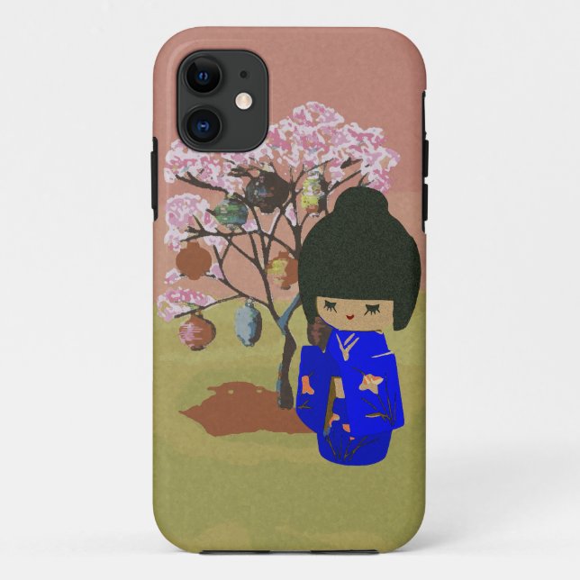 Niedliche kokeshi Puppe mit Kirschblütenbaum Case-Mate iPhone Hülle (Rückseite)