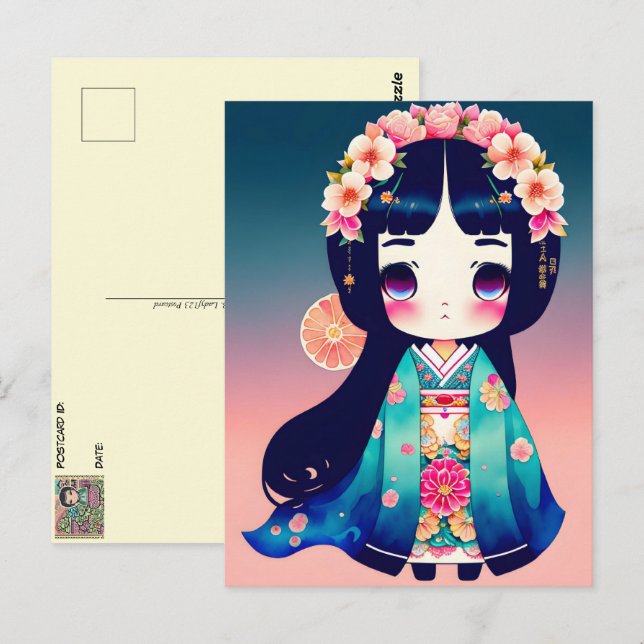 Niedliche Kokeshi-Puppe, Postüberquerung Postkarte (Vorne/Hinten)