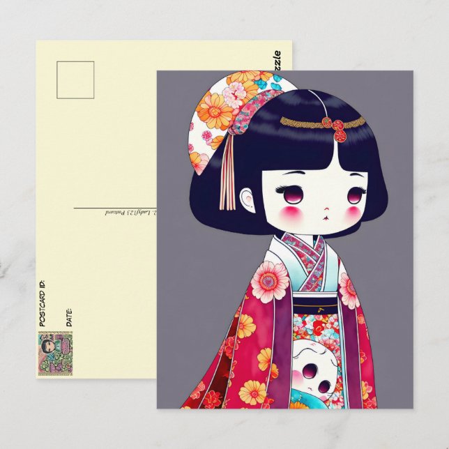 Niedliche Kokeshi-Puppe, Postüberquerung Postkarte (Vorne/Hinten)