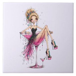 Niedliche, kokette Dame in einem Martini-Glas Fliese