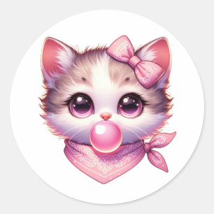 Niedliche Kokette Katze Rosa Schleife Bandana Bubb Runder Aufkleber