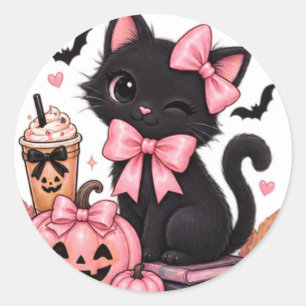 Niedliche Kokette schwarze Katze Halloween mit ros Runder Aufkleber