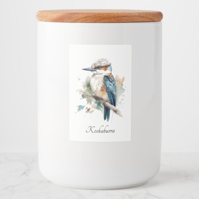 Niedliche Kookaburra auf einem Ast in Aquarellfarb Lebensmitteletikett (Vorderseite)