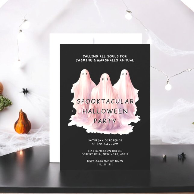 Niedliche Kostümeinladung Einladung (fun three pink ghost halloween costume party invitation)