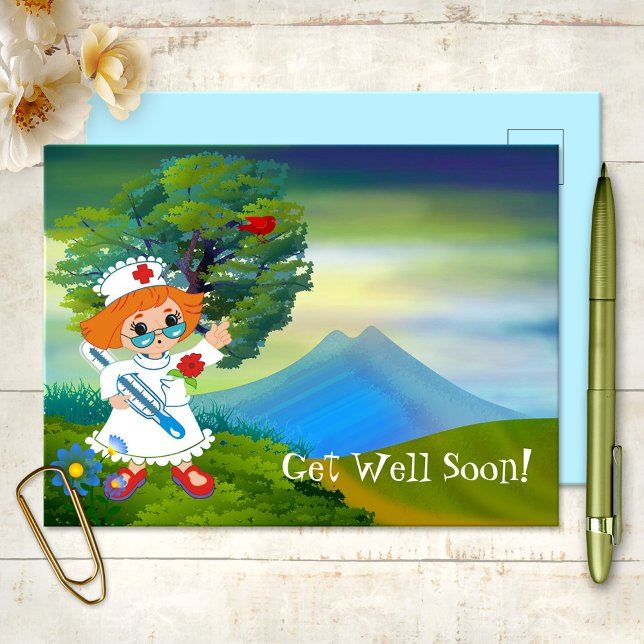 Niedliche Krankenpfleger - Kinder werden bald gut  Postkarte (Get Well Soon Postcard featuring a cute nurse in a colorful artistic landscape scene)