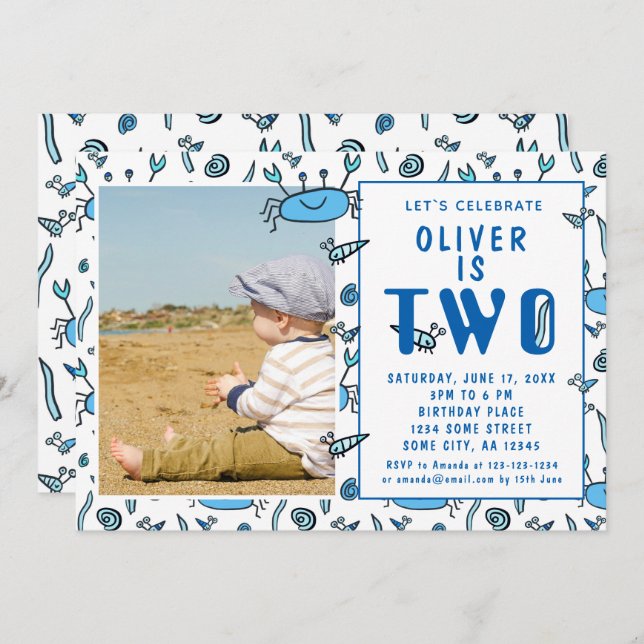 Niedliche Krebstiere Muschel Junge Foto 2. Geburts Einladung (Vorne/Hinten)