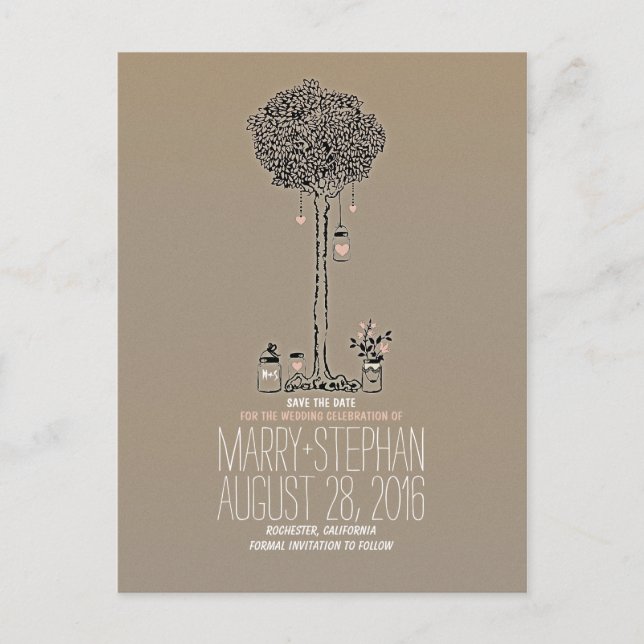 Niedliche Krüge aus rustikalem Baum und Herz Save  Ankündigungspostkarte (Vorderseite)