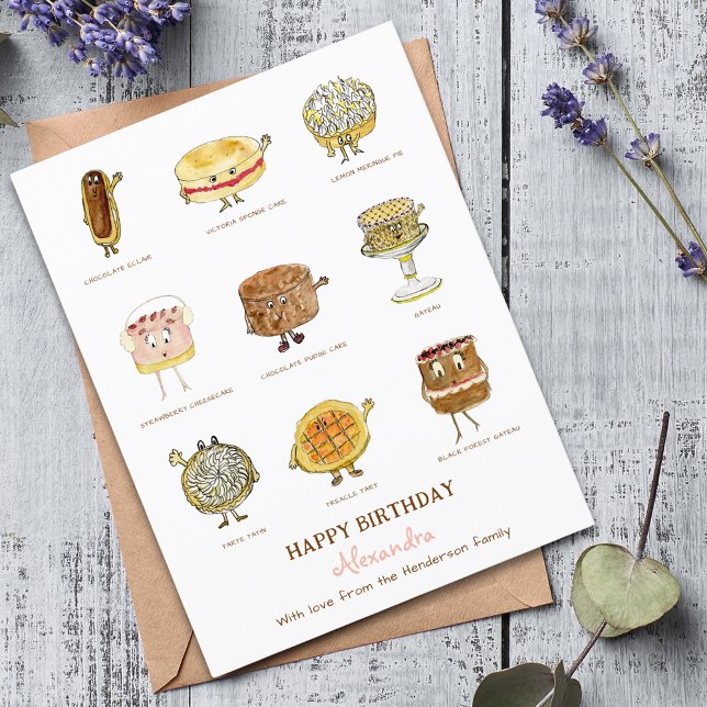 niedliche Kuchen Nachtisch Illustrationen Postkarte (Baking cake lover happy birthday personalized greetings card)