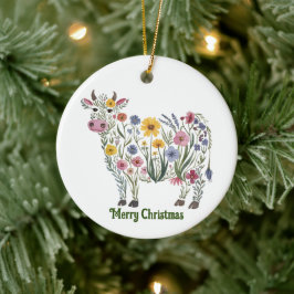 Niedliche Kuh, Aquarell-Wildblumen, Land, Blüten Keramik Ornament