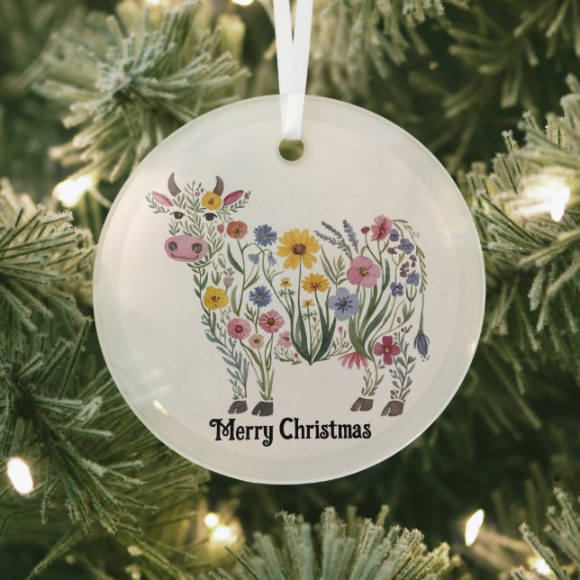 Niedliche Kuh, Aquarell-Wildblumen, Land, Blüten Ornament Aus Glas (InSitu)