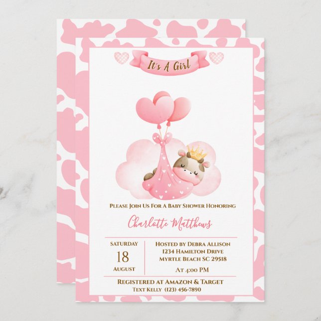 Niedliche Kuh Cloud Balloons Kinderdusche Einladun Einladung (Vorne/Hinten)