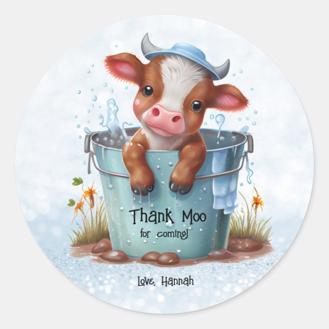 Niedliche Kuh dankt Moo für die Personalisierte Ar Runder Aufkleber (Vorderseite)