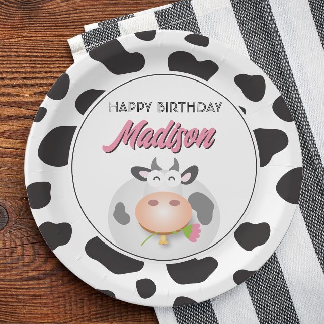 Niedliche Kuh Farm Themed Cow Print Happy Birthday Pappteller (Von Creator hochgeladen)