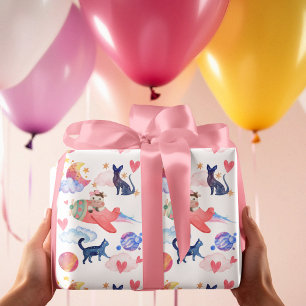 Niedliche Kuh im Flugzeug, Weltraum, Katzen, Mond, Geschenkpapier