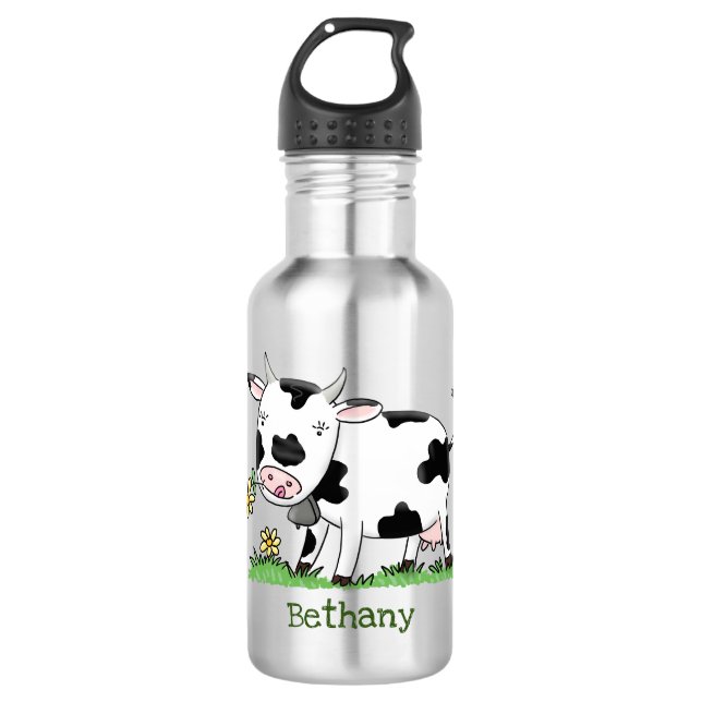 Niedliche Kuh in Cartoon-Abbildung Edelstahlflasche (Vorderseite)