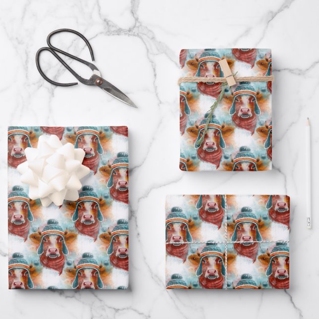 Niedliche Kuh in einem Schlitten Geschenkpapier Set (Vorderseite)