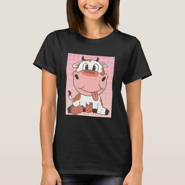 Niedliche Kuh isst Erdbeeren T-Shirt (Vorderseite)