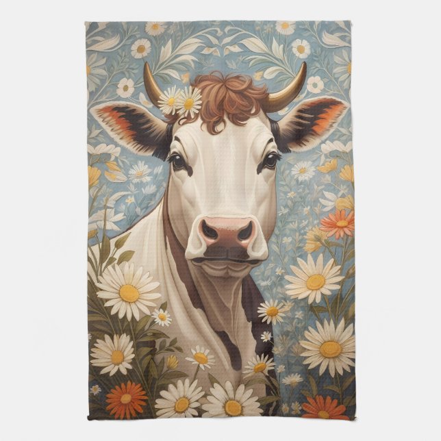 Niedliche Kuh mit dunklen Blume Geschirrtuch (Vertikal)