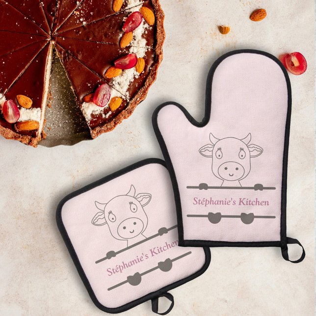 Niedliche Kuh-Monogramm Ofenhandschuh & Topflappen-Set (Cute Cow Monogram Oven Mitt & Pot Holder Set)