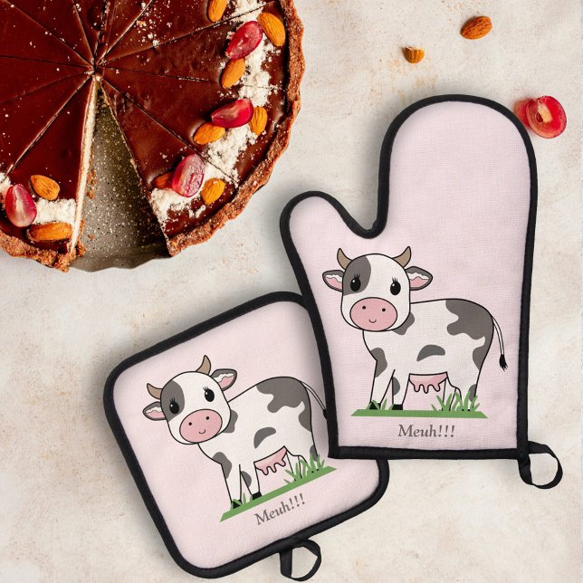 Niedliche Kuh Rosa Ofenhandschuh & Topflappen-Set (Cute Cow Pink Oven Mitt & Pot Holder Set)