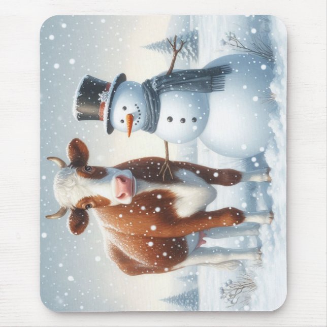 Niedliche Kuh & Schneemann im Winterfeld Mousepad (Vorne)