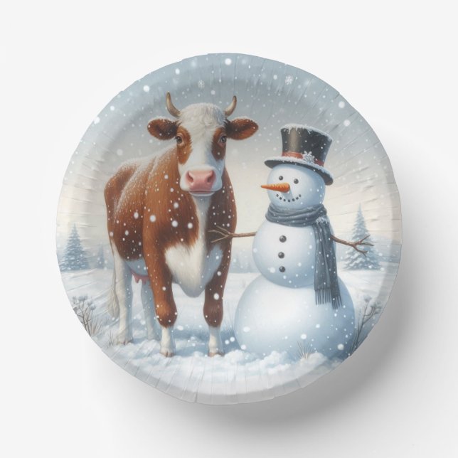 Niedliche Kuh & Schneemann im Winterfeld Pappteller (Vorderseite)