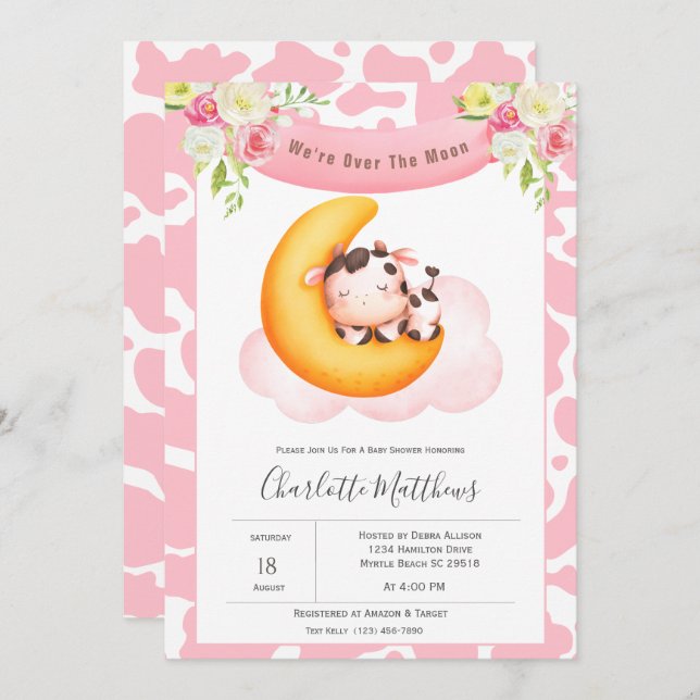 Niedliche Kuh über der Mond Babydusche Einladung (Vorne/Hinten)