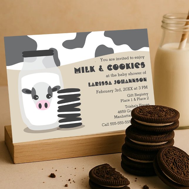 Niedliche Kuh- und Milchkühe und Cookies Beige Bab Einladung (Cute Cow and Milk and Cookies Beige Baby Shower Invitation )