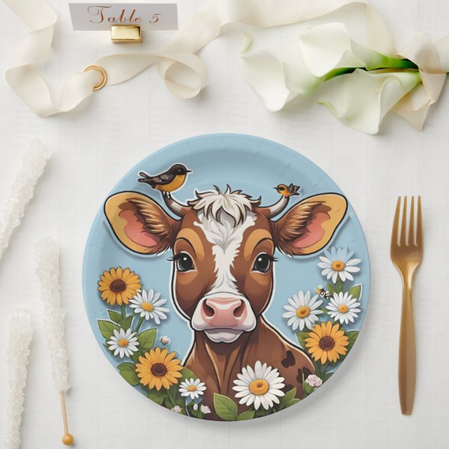 Niedliche Kuh und Vögel mit Blume Pappteller (Hochzeit)