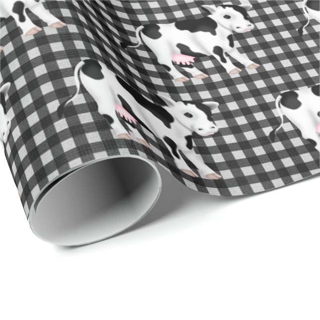 Niedliche Kühe auf Gingham Geschenkpapier (Rolleneckpunkt)