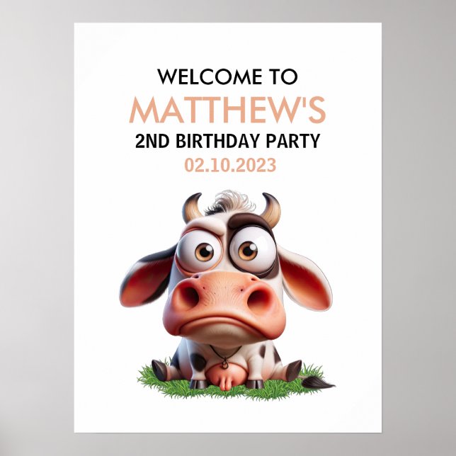 Niedliche Kühe Landtiere 2. Geburtstag Party Willk Poster (Vorne)