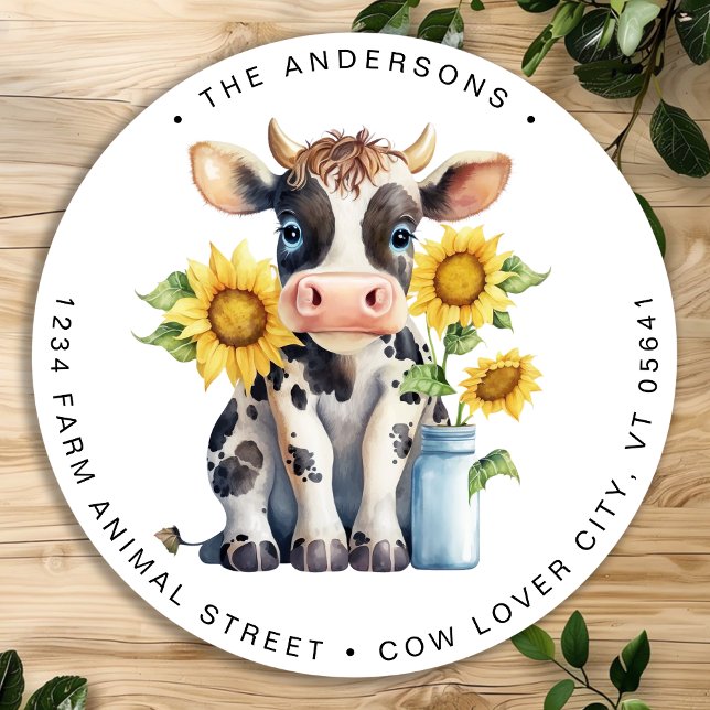 Niedliche Kuhsonnenblumen Farm Tierische Rücksende Runder Aufkleber (Von Creator hochgeladen)