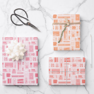 Niedliche Kunst liefert rosa orangefarbenes Muster Geschenkpapier Set