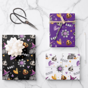 Niedliche Kürbis, Katzen und Blume kochen Hallowee Geschenkpapier Set
