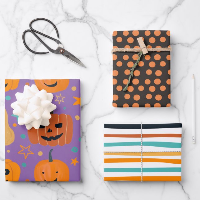 Niedliche Kürbis-Streifen Halloween Geschenkpapier Set (Vorderseite)