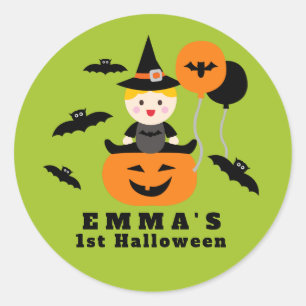 Niedliche Kürbis und Fledermäuse Erste Halloween-W Runder Aufkleber