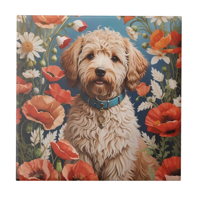 Niedliche Labradoodle-Daisy- und Mohnblüte-Blume Fliese (Vorderseite)