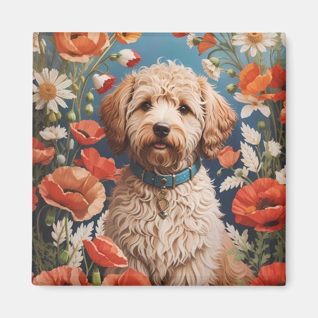 Niedliche Labradoodle-Daisy- und Mohnblüte-Blume Magnet (Vorne)