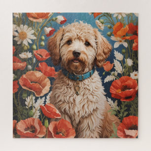 Niedliche Labradoodle-Daisy- und Mohnblüte-Blume Puzzle
