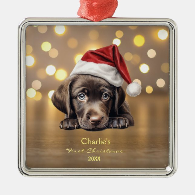Niedliche Labrador Retriever Dog Weihnachtsmannmüt Ornament Aus Metall (Vorne)
