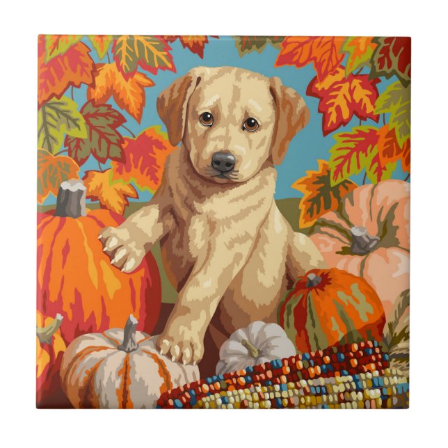 Niedliche Labrador Retriever Welpe Herbsternte Fliese (Vorderseite)