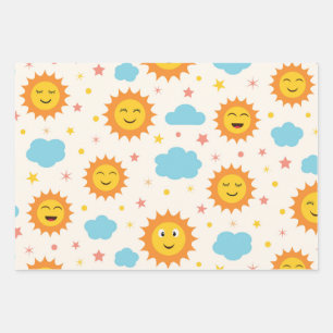 Niedliche lächelnde Sonne mit Wolken und Sternen M Geschenkpapier Set