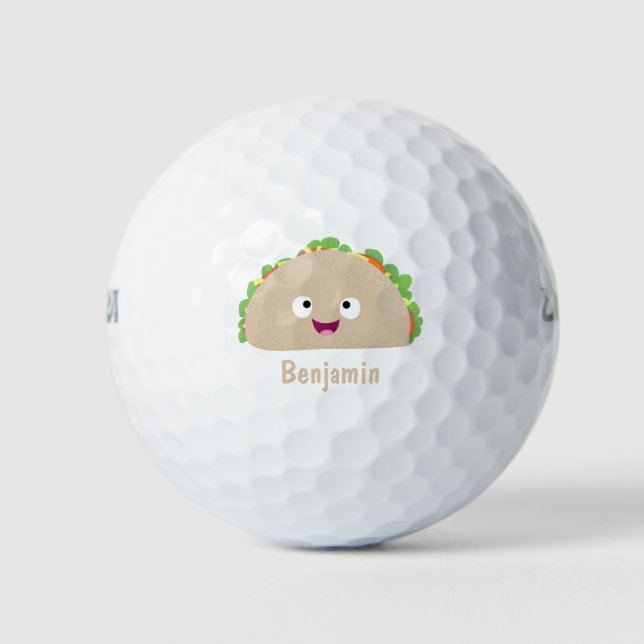 Niedliche Lächelnde Taco-Cartoon-Illustration Golfball (Vorderseite)