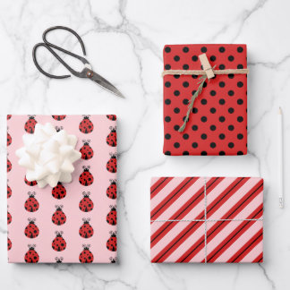 Niedliche Lady Bugs Polka Dots Pink Stripes Geschenkpapier Set