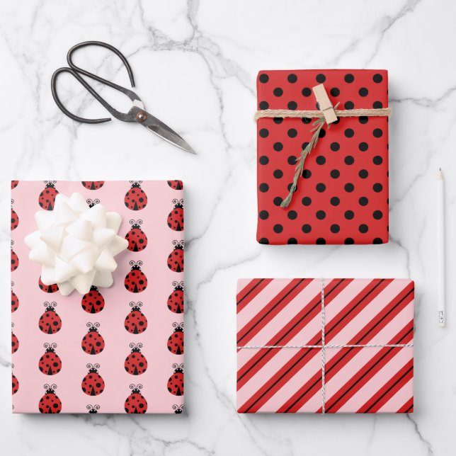 Niedliche Lady Bugs Polka Dots Pink Stripes Geschenkpapier Set (Vorderseite)