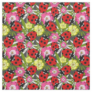 Niedliche Ladybirds und Blume Muster auf Grau Stoff