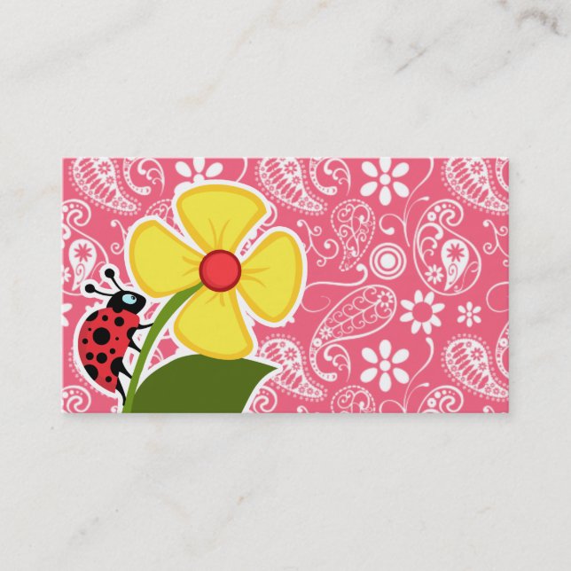 Niedliche Ladybug auf Brink Pink Paisley, floral Visitenkarte (Vorderseite)