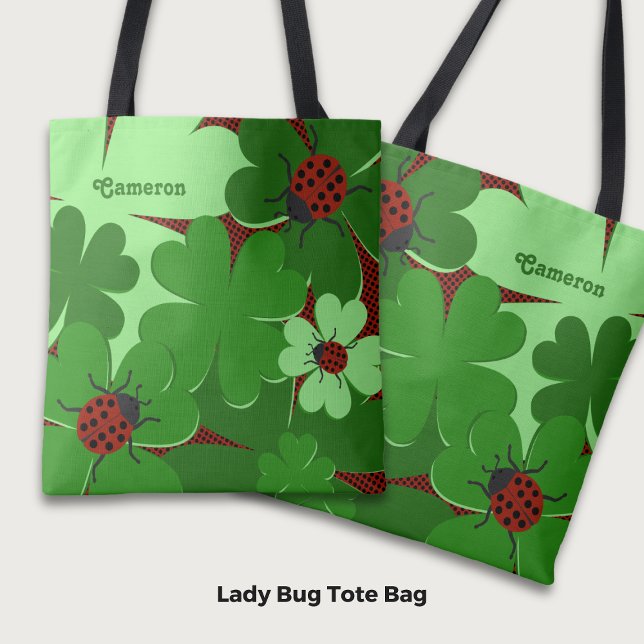 Niedliche Ladybug Clover Blätter Name in grün (Cute Ladybug Clover Leaves Name in Green Red Tote Bag)