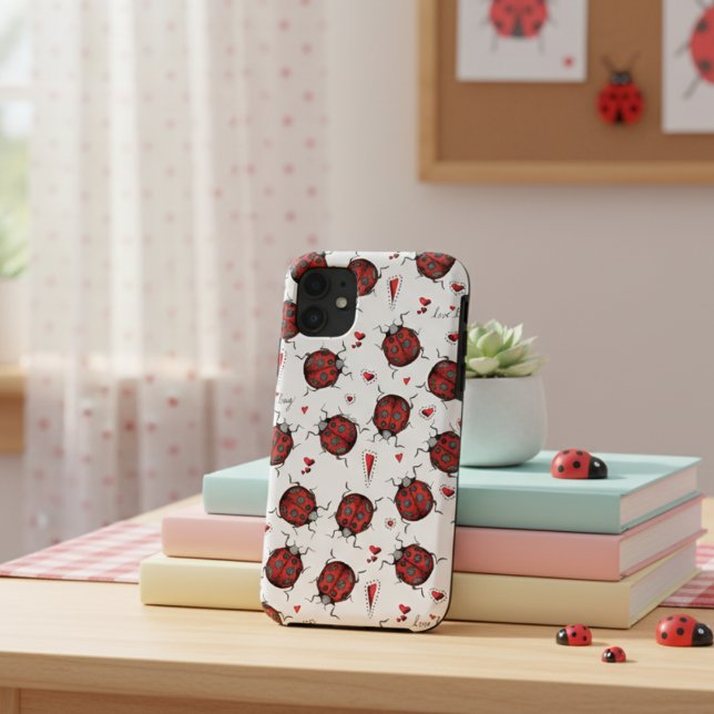 Niedliche Ladybug Hearts Lovebug Handgezeichnete I Case-Mate iPhone Hülle (Cute Red Ladybugs and Red Hearts Pattern for Her. Adorable Insect Pattern with Red & Black Ladybirds)
