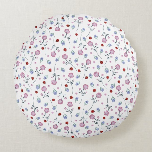 Niedliche Ladybug Polka dot Daisy Blume Rustikales Rundes Kissen (Vorderseite)